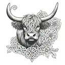 a small picture of a highland cow overtop of a Celtic knot with a thistle flower at the top of the knot tattoo design idea