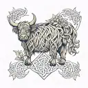 a small picture of a highland cow overtop of a Celtic knot with a thistle flower at the top of the knot tattoo design idea