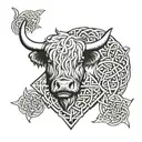 a small picture of a highland cow overtop of a Celtic knot with a thistle flower at the top of the knot tattoo design idea