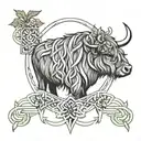 a small picture of a highland cow overtop of a Celtic knot with a thistle flower at the top of the knot tattoo design idea