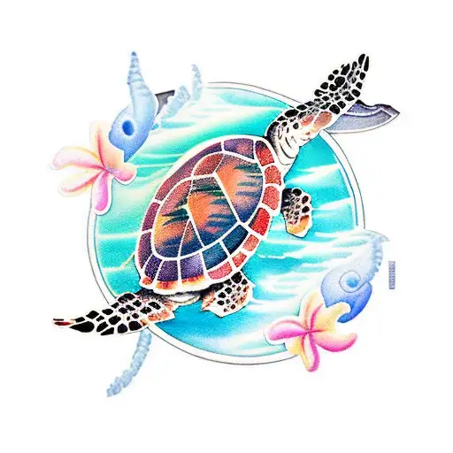 hawaiian watercolor with sea Turtles  full sleve tattoo design idea