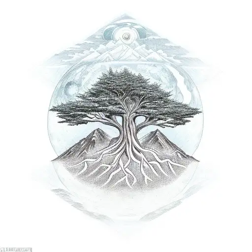 A cedar tree with its roots and an owl's eye inside a rhombus and a mountain inside the moon tattoo design idea