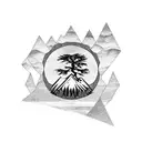 A cedar tree with its roots and an owl's eye inside a rhombus and a mountain inside the moon tattoo design idea