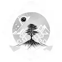 A cedar tree with its roots and an owl's eye inside a rhombus and a mountain inside the moon tattoo design idea