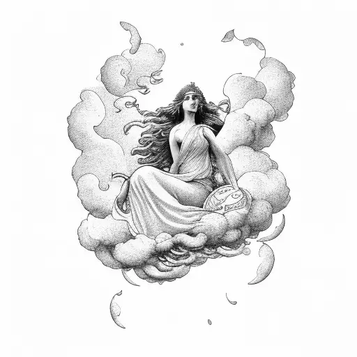 Greek goddess, floating in storm clouds with the sun shining around her with 22/09/22 in Roman numerals under the clouds tattoo design idea