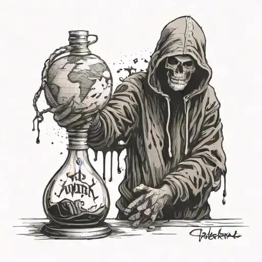 death in a hood stands over the globe, in his hands he holds a bottle with the inscription "war" and pours black liquid from this bottle tattoo design idea