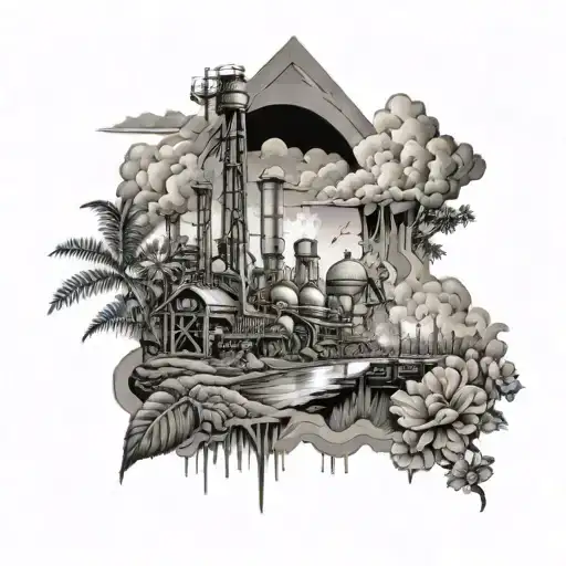 A half sleeve design showcasing a refinery landscape with hidden elements representing your family and faith, all in a black-grey style tattoo design idea