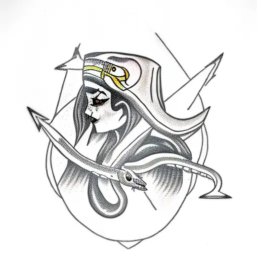 snake on the neck of a sailor girl, lightning in the background, white eyes tattoo design idea