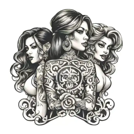   Could you design a tattoo featuring three Chicano gangster girls, each with long hair, and focusing on their faces onl tattoo design idea