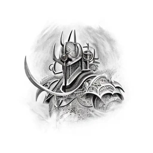 A realistic portrait of Chaos Knight with intricate details tattoo design idea
