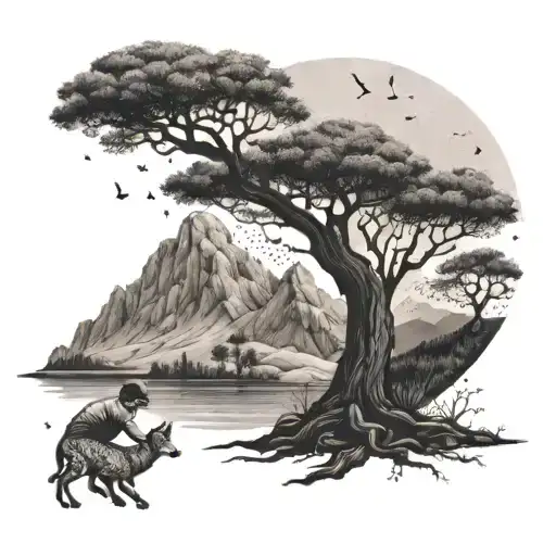 A dotwork tattoo of a person reading under a tree with a mountain made of salt in the background, surrounded by playful animals like dogs and birds tattoo design idea
