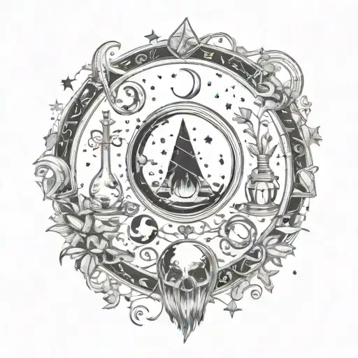 An intricate design featuring elements of witchcraft such as a crystal ball, potion bottles, and a crescent moon, symbolizing your interest in witchcraft and self love tattoo design idea