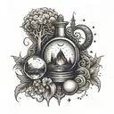 An intricate design featuring elements of witchcraft such as a crystal ball, potion bottles, and a crescent moon, symbolizing your interest in witchcraft and self love tattoo design idea