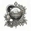 An intricate design featuring elements of witchcraft such as a crystal ball, potion bottles, and a crescent moon, symbolizing your interest in witchcraft and self love tattoo design idea