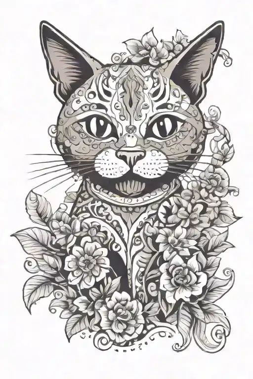 A new-school design featuring a whimsical cat playing in a vibrant Mexican garden tattoo design idea