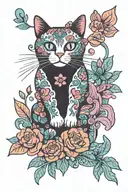 A new-school design featuring a whimsical cat playing in a vibrant Mexican garden tattoo design idea