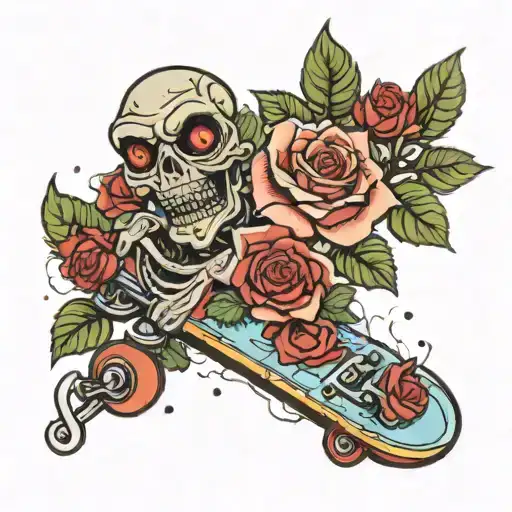 broken skateboard with roses and aliens tattoo design idea