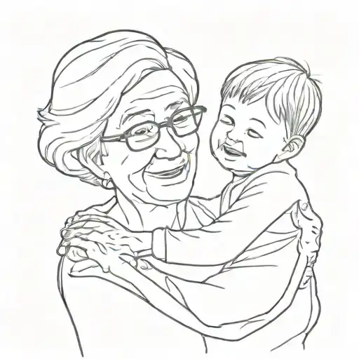 Tattoo sketch. Grandma in the picture. and her grandson hugs her nearby.  tattoo design idea