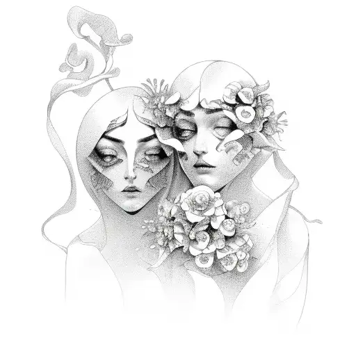 Gemini with Counch shell and flowers  tattoo design idea