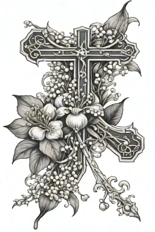 cross intertwined with lily of the valley and hawthorn. Romans 8:18 on bottom left side  tattoo design idea