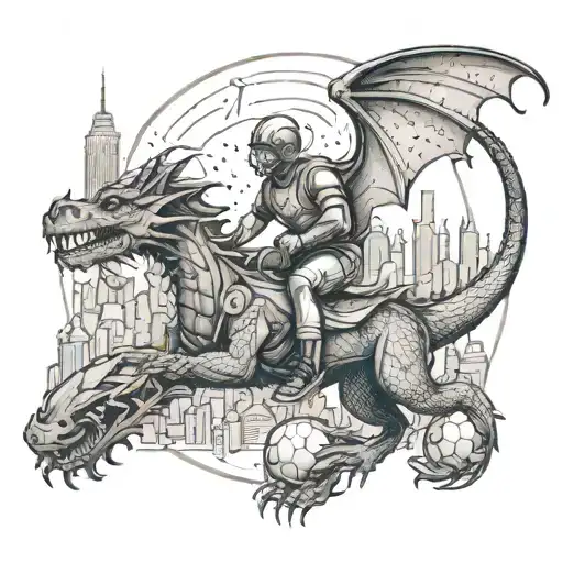 A football player riding a dragon in a New York City skyline backdrop tattoo design idea