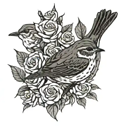 Hermit thrush on a branch mother daughter symbol roses  tattoo design idea