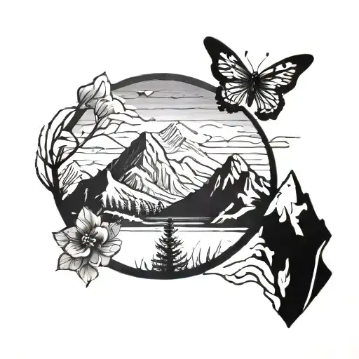 mountain range with small butterfly incorporated, masculine tattoo design idea