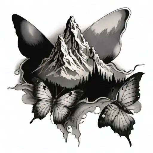 mountain range with small butterfly incorporated, masculine, faded borther with no solid border tattoo design idea