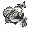mountain range with small butterfly incorporated, masculine tattoo design idea