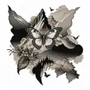 mountain range with small butterfly incorporated, masculine, faded borther with no solid border tattoo design idea