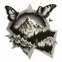 mountain range with small butterfly incorporated, masculine, faded borther with no solid border tattoo design idea