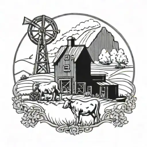 Farming scene with traditional Irish and Norwegian agricultural symbols intertwined tattoo design idea