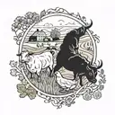 Farming scene with traditional Irish and Norwegian agricultural symbols intertwined tattoo design idea