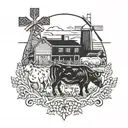 Farming scene with traditional Irish and Norwegian agricultural symbols intertwined tattoo design idea