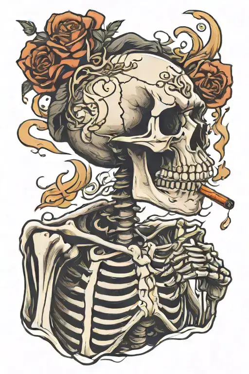 Skeleton smoking cigarettes tattoo design idea