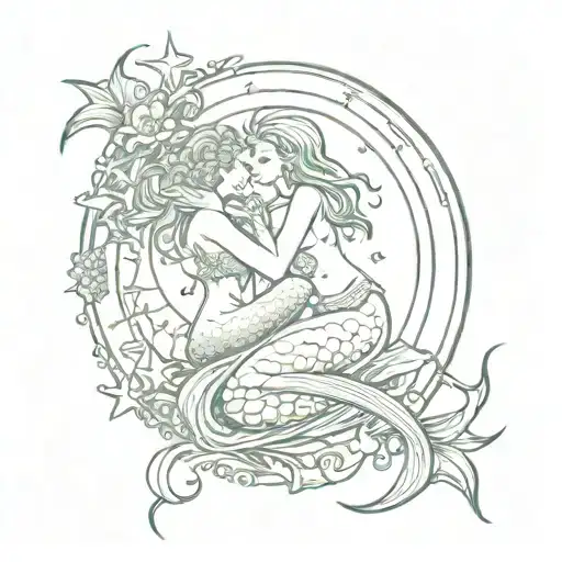 tarot moon card with a mermaid hugging a fairy in the tarot star card tattoo design idea