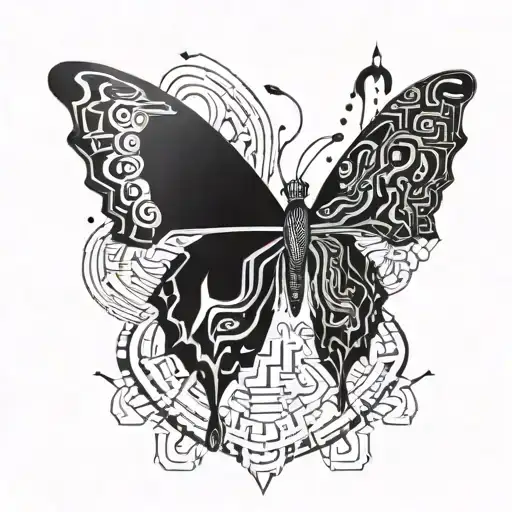 2 line of cyber tribal tattoo with a butterfly middel of it tattoo design idea