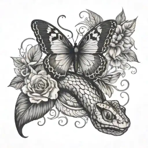snake and butterfly surrounded tattoo design idea