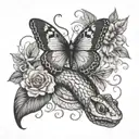snake and butterfly surrounded tattoo design idea
