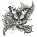 snake and butterfly surrounded tattoo design idea