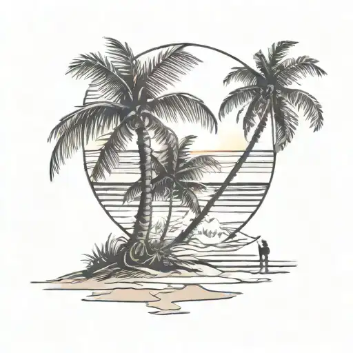 beach at sunset, man next to a coconut tree admiring tattoo design idea