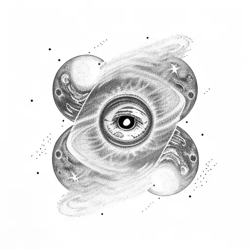 arm sleeve with space and planet theme. add the black hole from interstellar and an eye with 2 irises of planets tattoo design idea