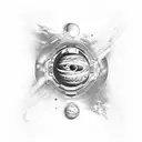 arm sleeve with space and planet theme. add the black hole from interstellar and an eye with 2 irises of planets tattoo design idea