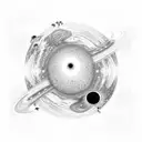 arm sleeve with space and planet theme. add the black hole from interstellar and an eye with 2 irises of planets tattoo design idea