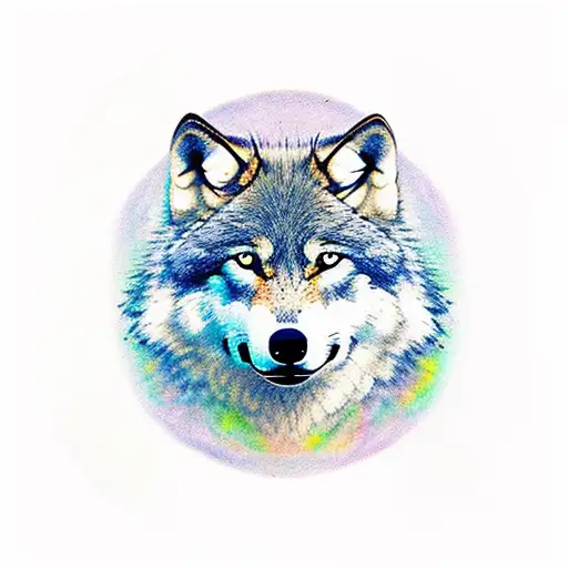 wolf with different color in his eyes, trees, moon, ancient  tattoo design idea