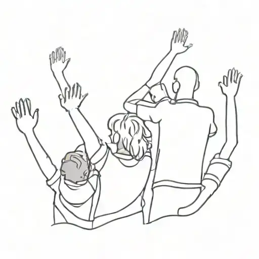 Silhouette of father and son among a crowd of people watching a rock concert raising their arms tattoo design idea