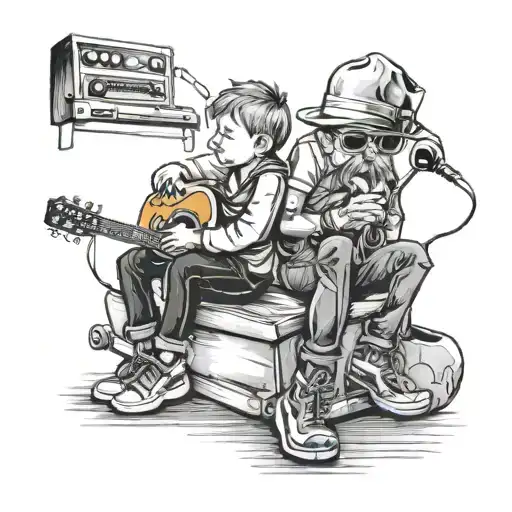 Father and son watching a rock n roll concert tattoo design idea