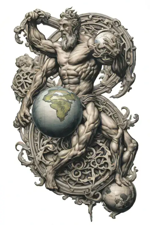 atlas holding the world, mythical gods standing around him tattoo design idea