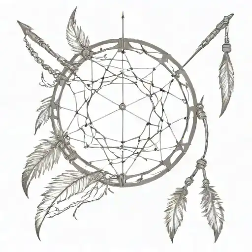 unstrung bow, 3 arrows, Dreamcatcher, foreign word for warrior  tattoo design idea