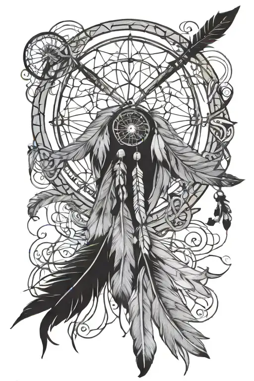 unstrung bow, 3 arrows, Dreamcatcher, foreign word for warrior  tattoo design idea